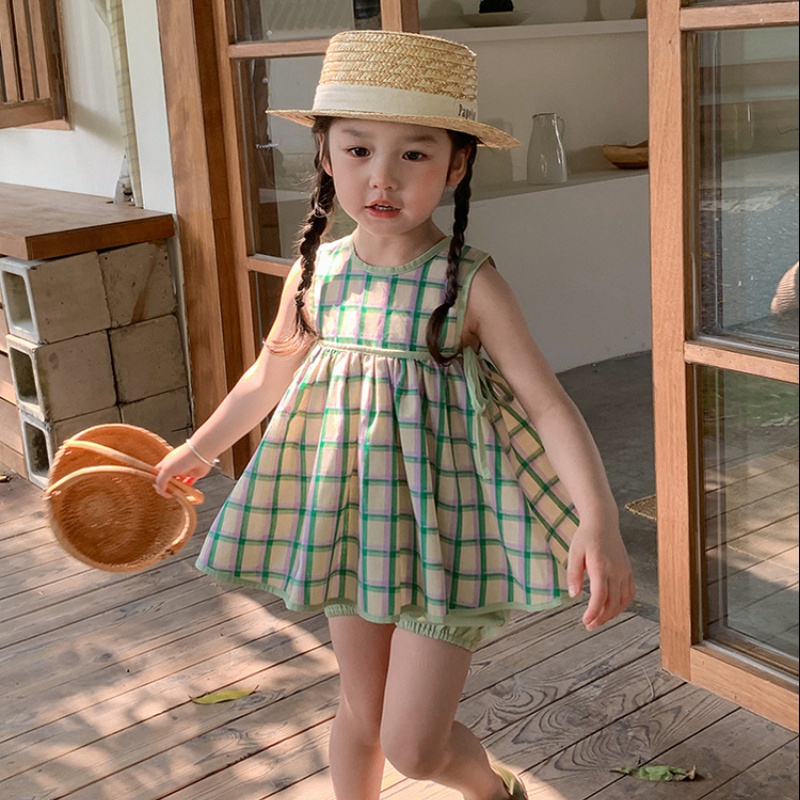 Bộ Áo Sơ Mi Cotton + Chân Váy Chữ A Sọc Caro Xanh Lá Thời Trang Mùa Hè Hàn Quốc Cho Nữ