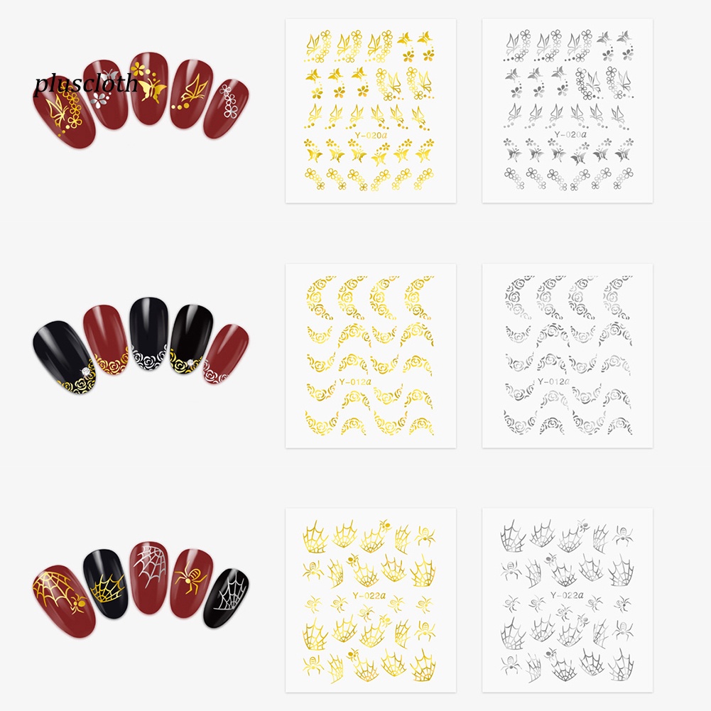 Set 30 Tấm Nhãn Dán Móng Nghệ Thuật Họa Tiết Bướm / Mèo / Nhện Màu Vàng / Bạc