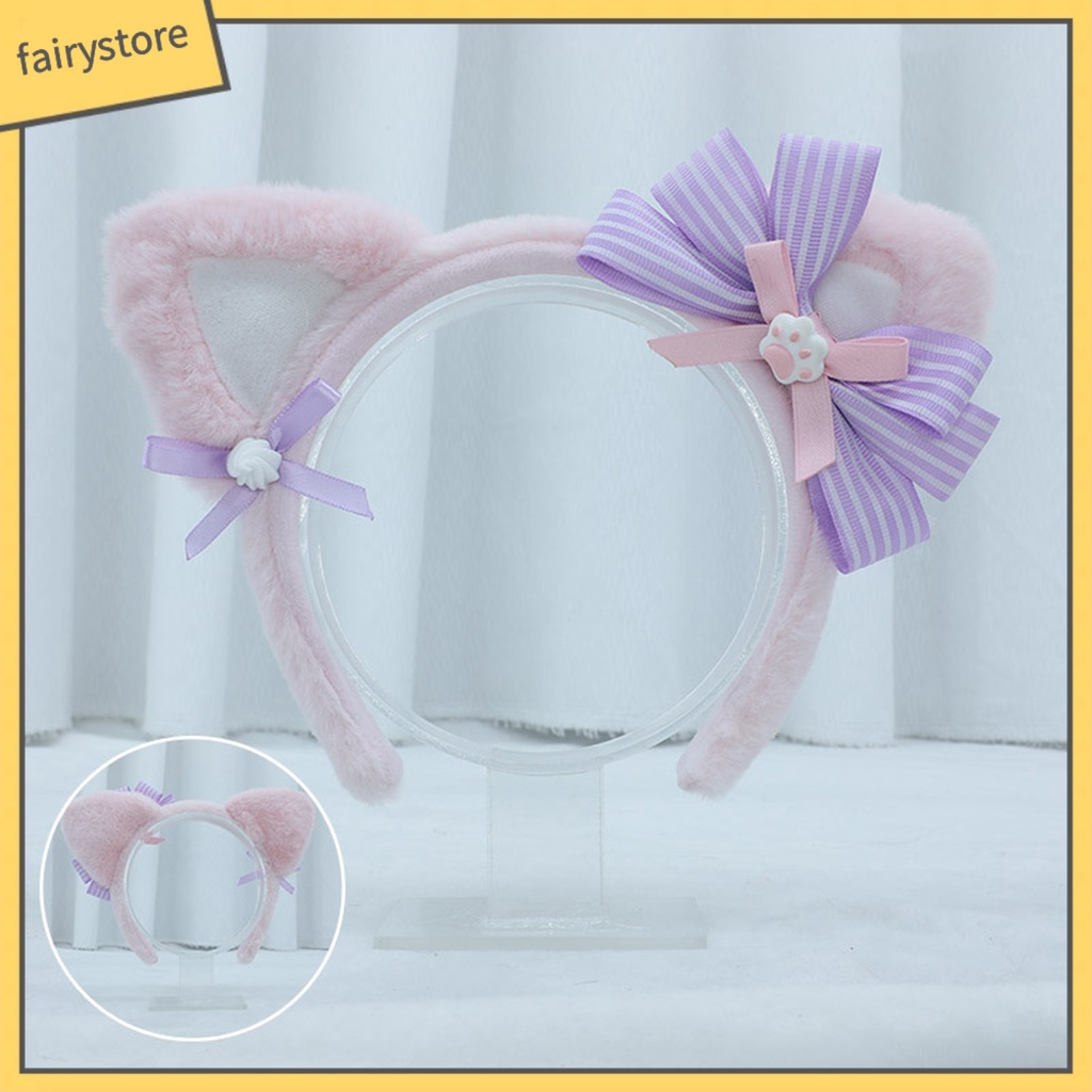 Băng Đô Cài Tóc Tai Mèo Hoạt Hình Phối Lông Chống Trượt Dành Cho Nữ