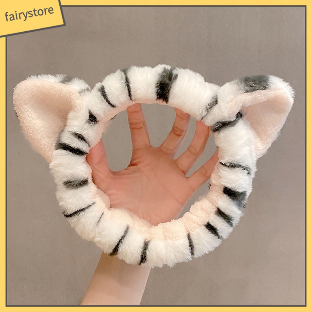 Băng Đô Cài Tóc Rửa Mặt Co Giãn Tốt In Họa Tiết Tai Hổ Hoạt Hình Cho Nữ