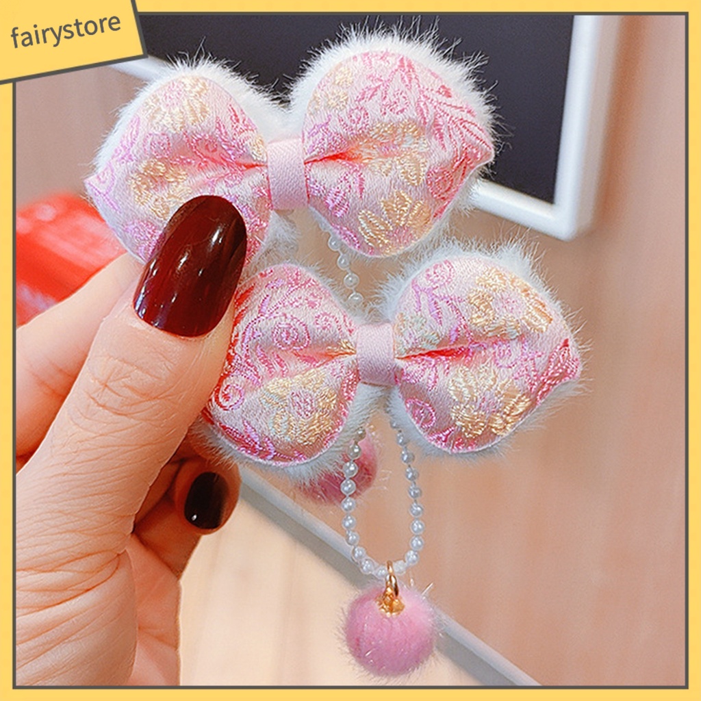 Set 2 Kẹp Tóc Hình Nơ Đính Bóng Lông Tua Rua Đỏ Phong Cách Trung Hoa Cổ Điển Mừng Năm Mới Cho Nữ