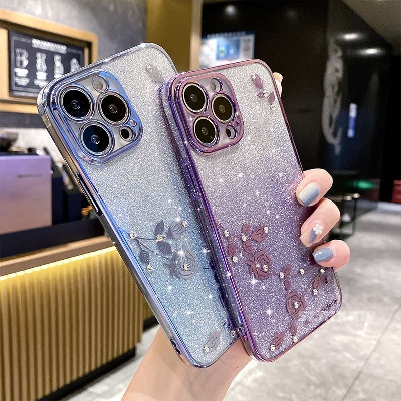 Ốp Điện Thoại Trong Suốt Chống Rơi Họa Tiết Hoa Đính Kim Cương Giả Lấp Lánh Cho Iphone 14 13 12 11 Pro Max 7 8 Plus X XR XS