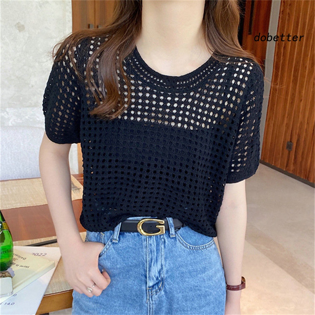 Áo Thun Dệt Kim Mỏng Tay Ngắn Cổ Tròn Màu Trơn Che Phủ Toàn Diện Chống Nắng Cho Nữ