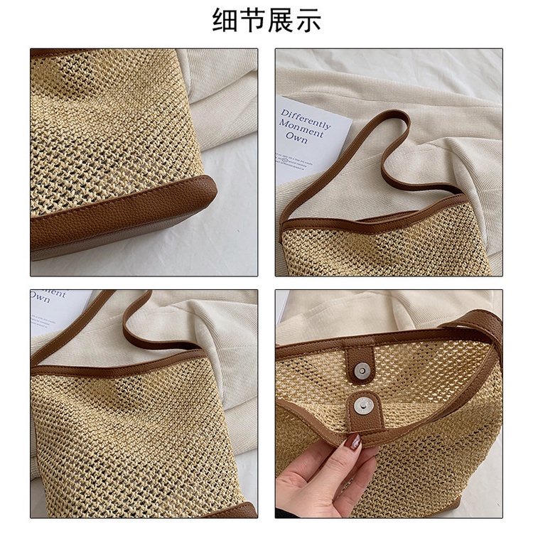 Túi Xách Đan Cói Sức Chứa Lớn Màu Sắc Tương Phản Phong Cách retro Mùa Hè Cho Nữ