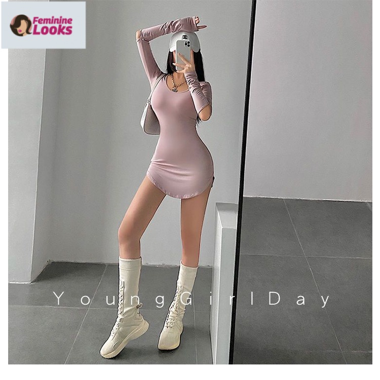 Đầm Ngắn Ôm Eo Tay Dài Cổ Tròn Màu Trơn Quyến Rũ