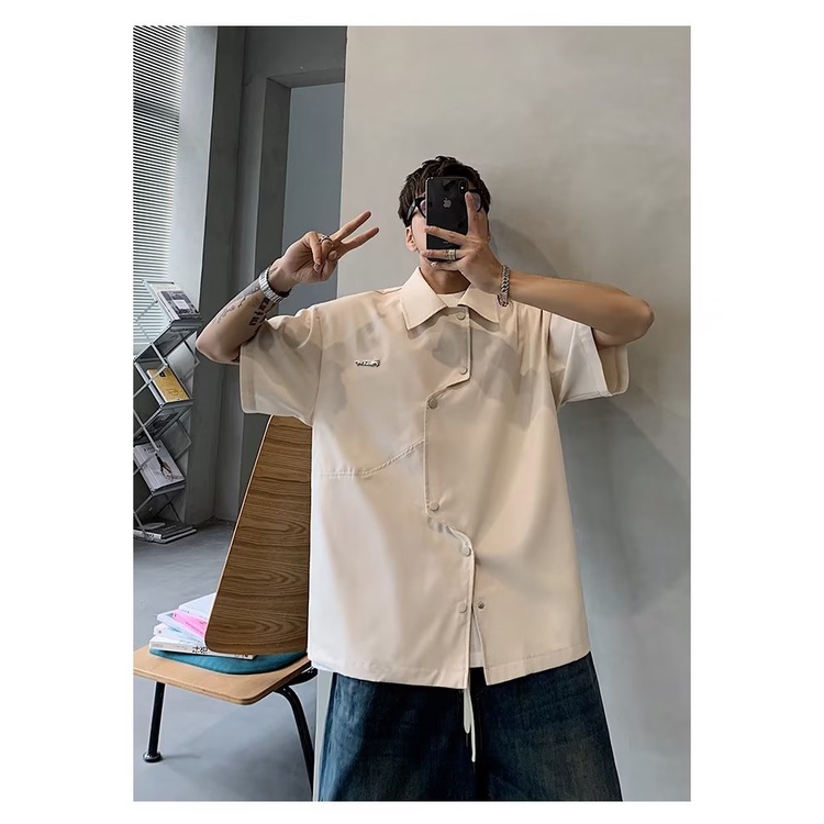 Áo Sơ Mi Nam Ngắn Tay Dáng Rộng Thiết Kế Bất Đối Xứng Phong Cách Mới 2023