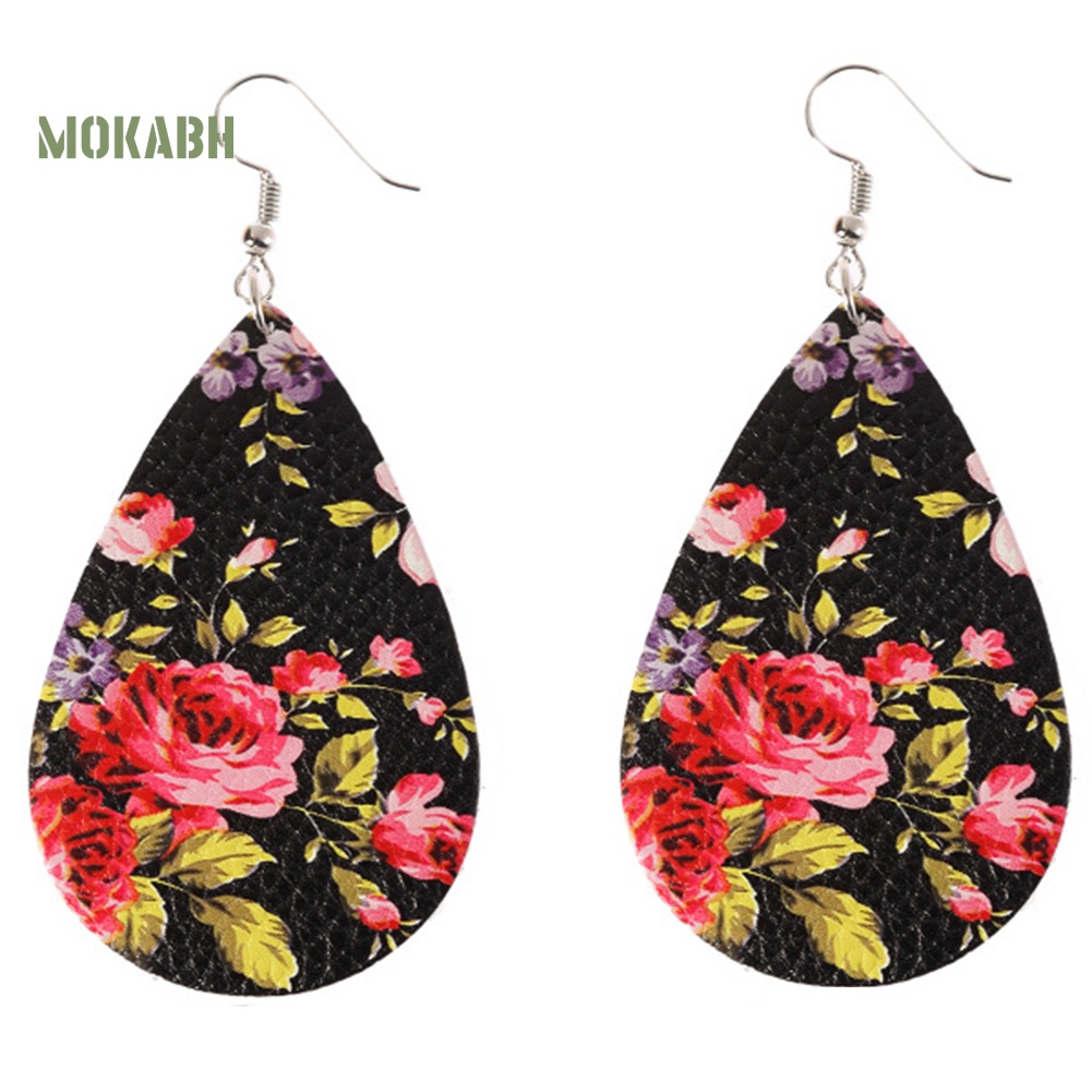 Abh Bông Tai Móc Hình Giọt Nước Họa Tiết Hình Hoa Bằng Chất Liệu Giả Da Theo Phong Cách Boho