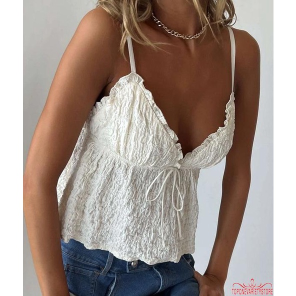 Topone Áo Crop Top Nữ Hai Dây Cổ Chữ V Xếp Nếp Y2K Màu Trơn