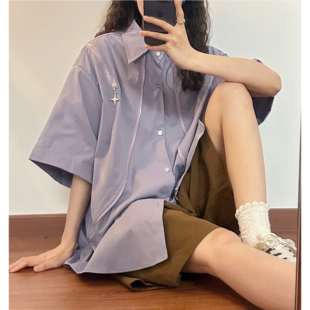 Áo Sơ Mi Ngắn Tay Dáng Rộng Có Khóa Kéo Kim Loại Phong Cách Retro Đường Phố Mỹ Mùa Hè Mới Dành Cho Nữ @ -