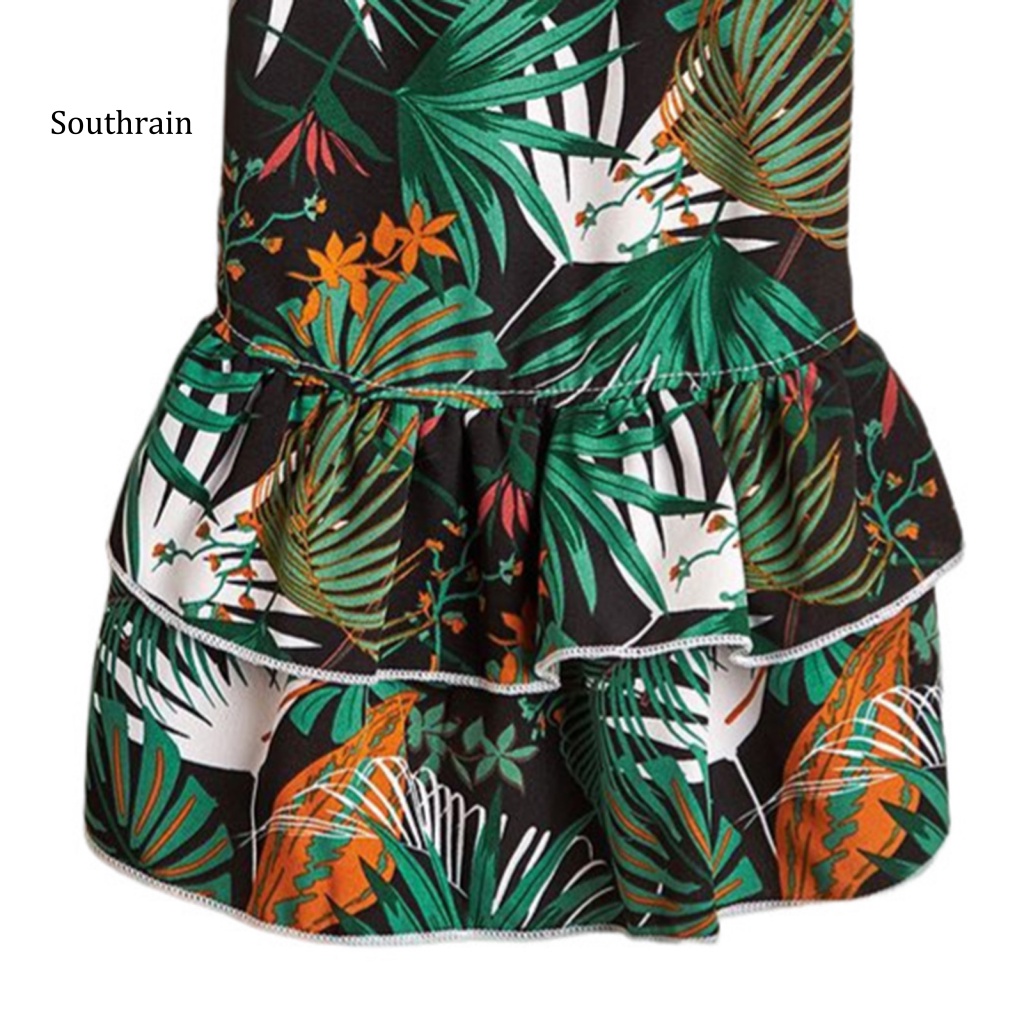 Đầm Hóa Trang Công Chúa Mùa Hè Xếp Ly Viền Nhấn In Họa Tiết Lá Cọ Có Khóa Bấm Cho Cún Cưng