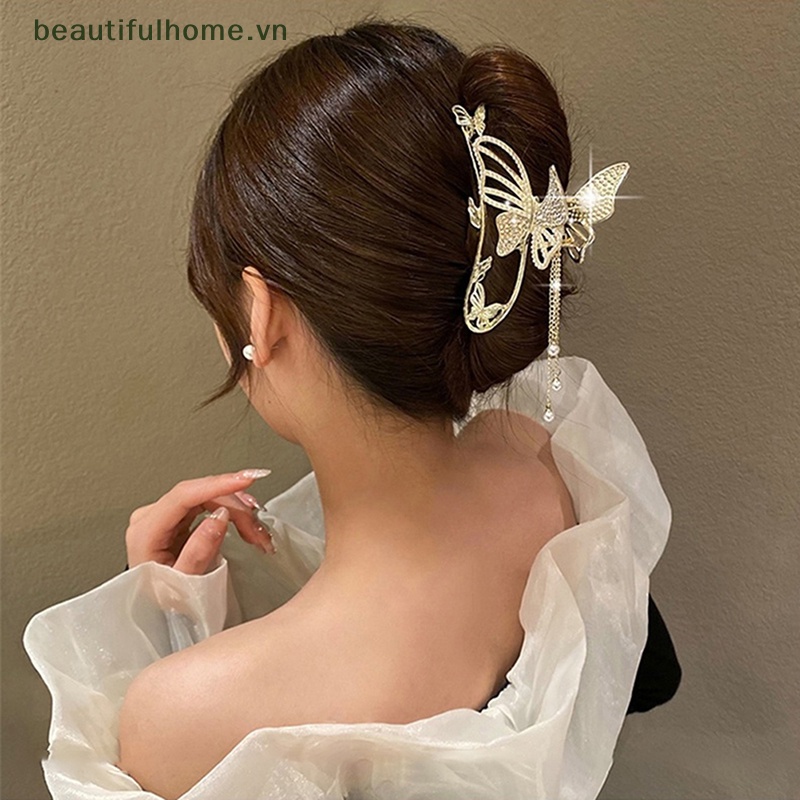 Kẹp Tóc Cá Mập Bằng Kim Loại Đính Ngọc Trai &amp; Bướm Cho Nữ