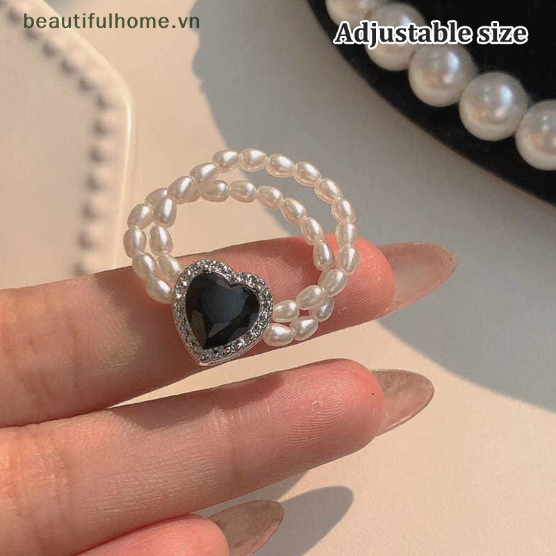 [beautifulhome] Nhẫn Hai Lớp Đính Ngọc Trai Giả Thanh Lịch Hình Trái Tim Có Thể Điều Chỉnh Trang Sức Dự Tiệc [beauty]