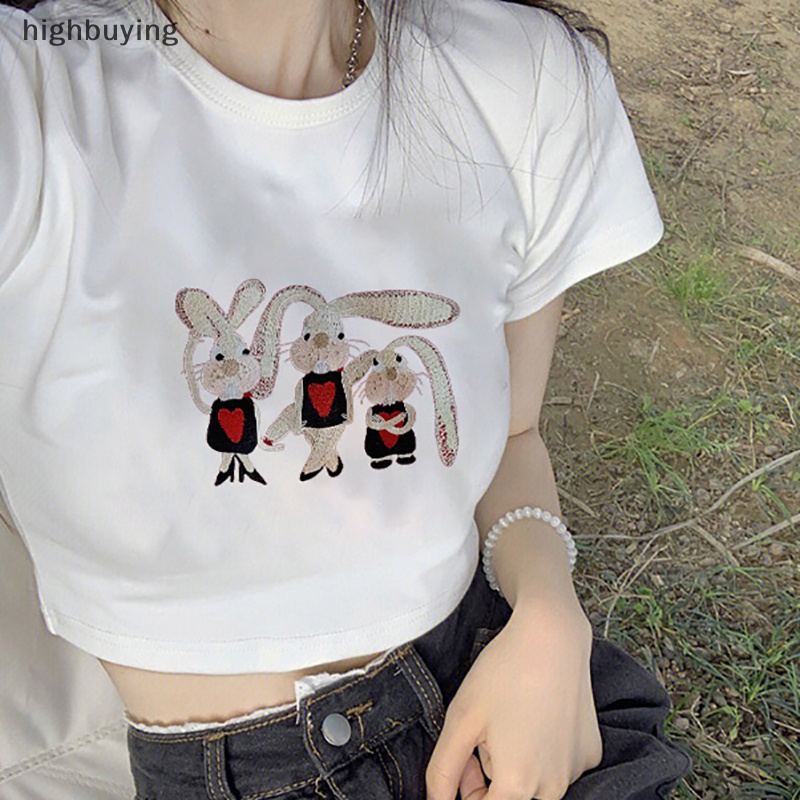 Áo Thun Lửng Ngắn Tay Cổ Tròn In Hình Thỏ Hoạt Hình Phong Cách Retro Mỹ Cho Nữ