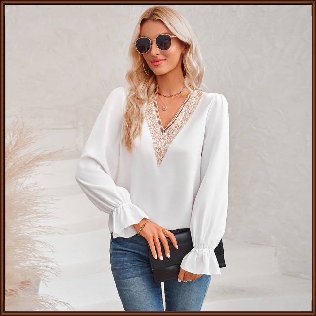 Áo Kiểu Tay Dài Cổ Chữ V Màu Sắc Thanh Lịch Dành Cho Nữ