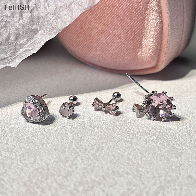 Bông Tai Hình Nơ / Trái Tim Phối Tua Rua Đính Đá Zircon Màu Hồng Ngọt Ngào Dễ Thương Thời Trang Cho Nữ 439br