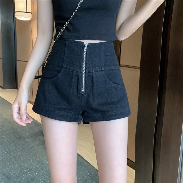Quần Short Denim Ống Rộng Lưng Cao Phối Khóa Kéo Phong Cách Hong Kong Thời Trang Mùa Hè Hàng Mới Dành Cho Bạn Nữ