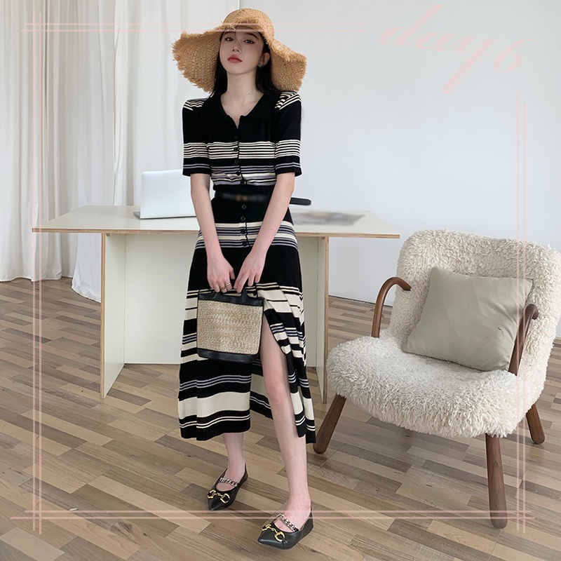 Đầm Dệt Kim Tay Ngắn Cổ Chữ V Họa Tiết Kẻ Sọc Thời Trang Hàn Quốc Xinh Xắn Cho Nữ