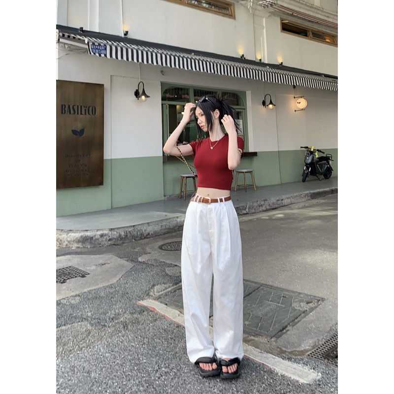 Set Áo Thun Ngắn Tay + Quần Dài Ống Rộng Lưng Cao Thời Trang Hàn Cho Nữ