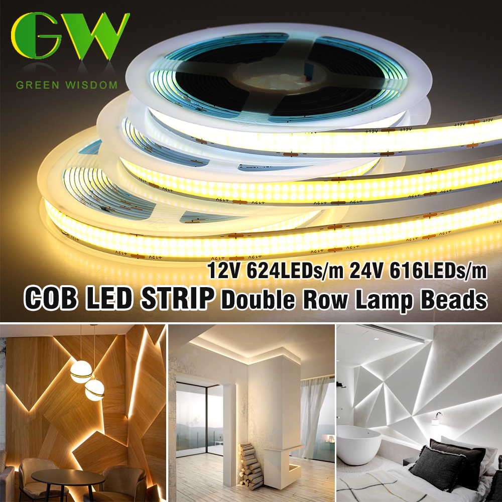 Dây Đèn Led COB 624LEDs / m 616LEDs / m RA90 3000K 4000K 6000K DC12V 24V Siêu Sáng