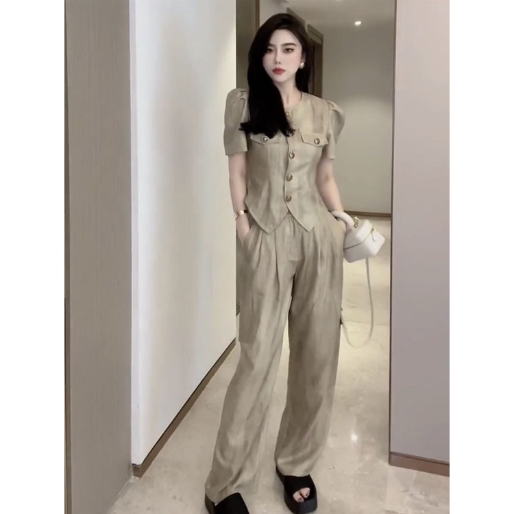 Áo Tay Ngắn Phồng Ôm Dáng Phối Nút Kim Loại + Quần Ống Rộng Thời Trang Mùa Hè 2023 Cho Nữ