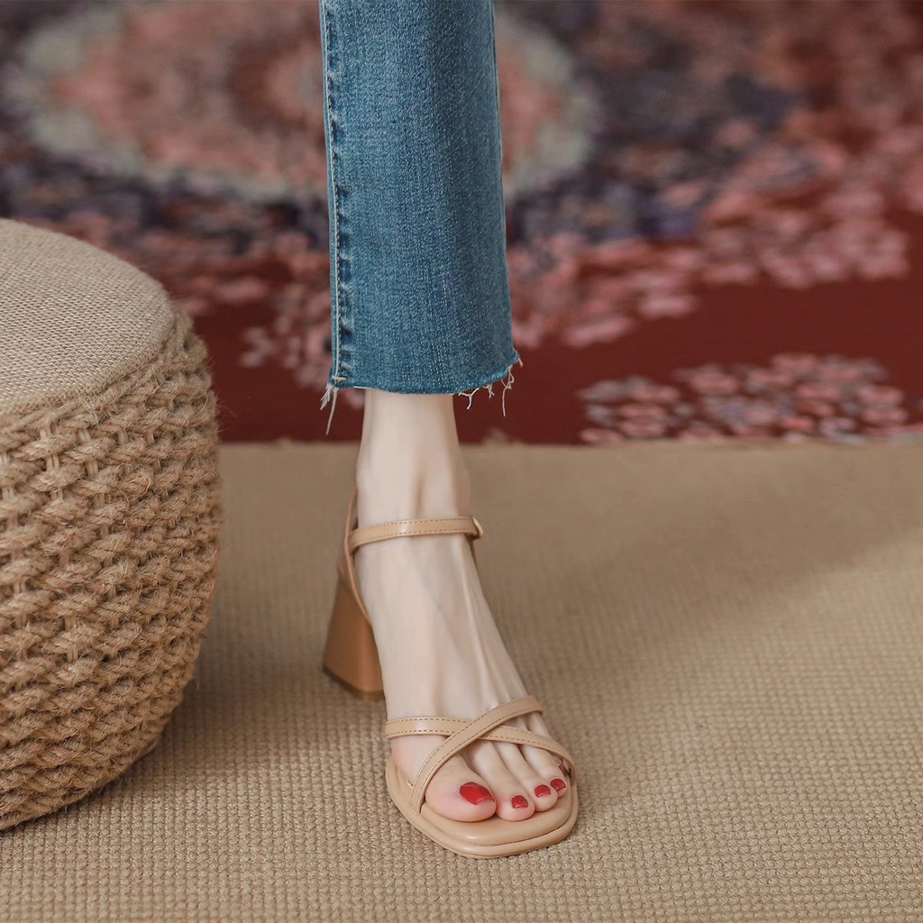 Duoya Tóc Thẳng ~ [Hàng Có Sẵn] Giày Cao Gót Da Mềm Dây Đan Chéo Màu Mơ Đơn Giản Cho Nữ Miễn Phí Vận Chuyển