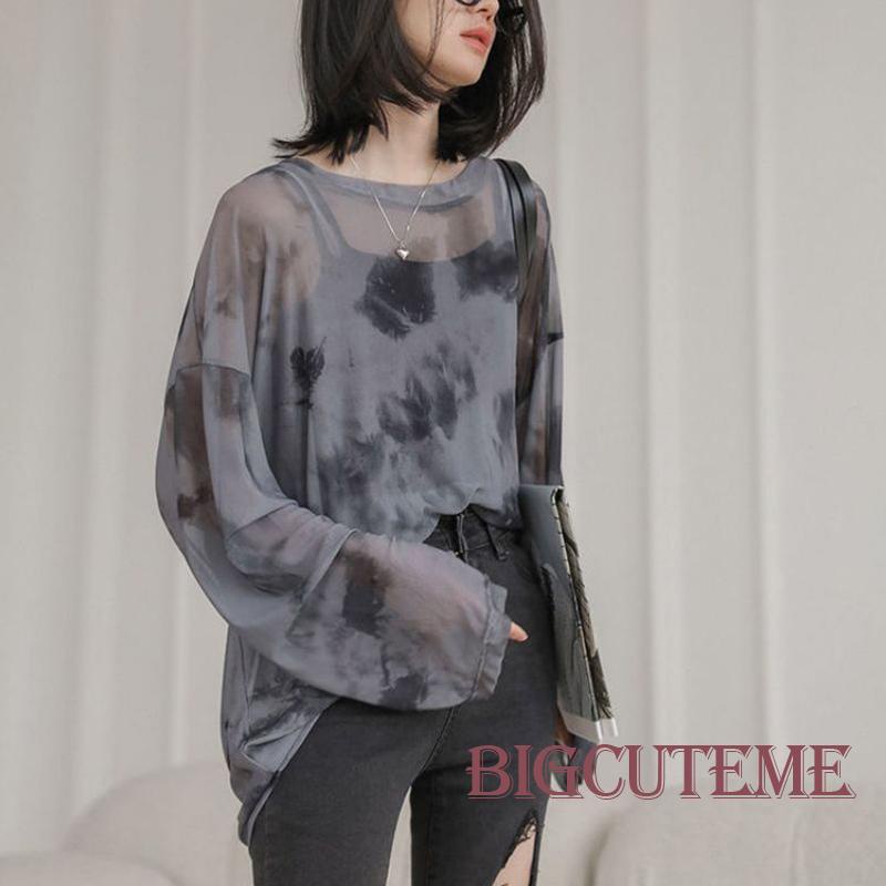 Áo Thun Lưới Tay Dài Nhuộm Màu Cổ Thuyền Trong Suốt Phong Cách Đường Phố Mùa Hè Cho Nữ