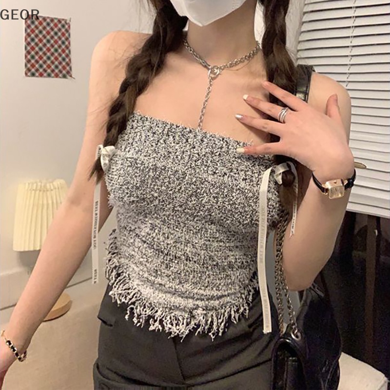 Áo Dệt Kim Không Tay Phối Tua Rua Thời Trang Mùa Hè Cho Nữ