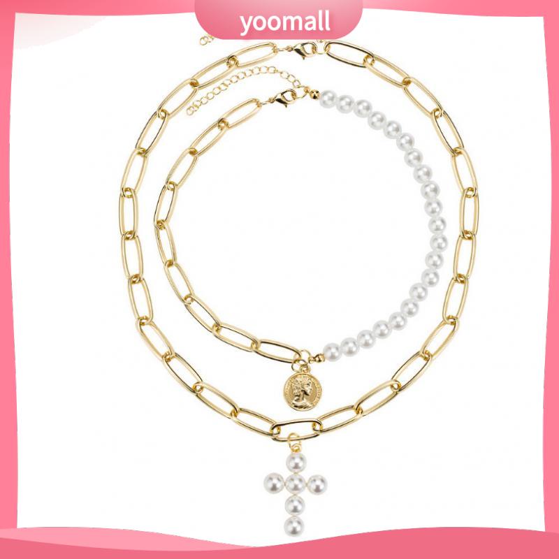 [YM] Vòng cổ Ngắn Hai Lớp Mặt Chữ Thập Đính Ngọc Trai Và Đầu Nữ Hoàng