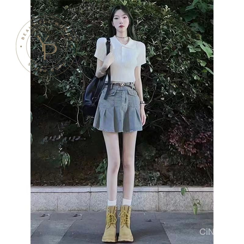 Set Áo Và Chân Váy Denim Phong Cách Hong Kong Ngọt Ngào Cho Nữ