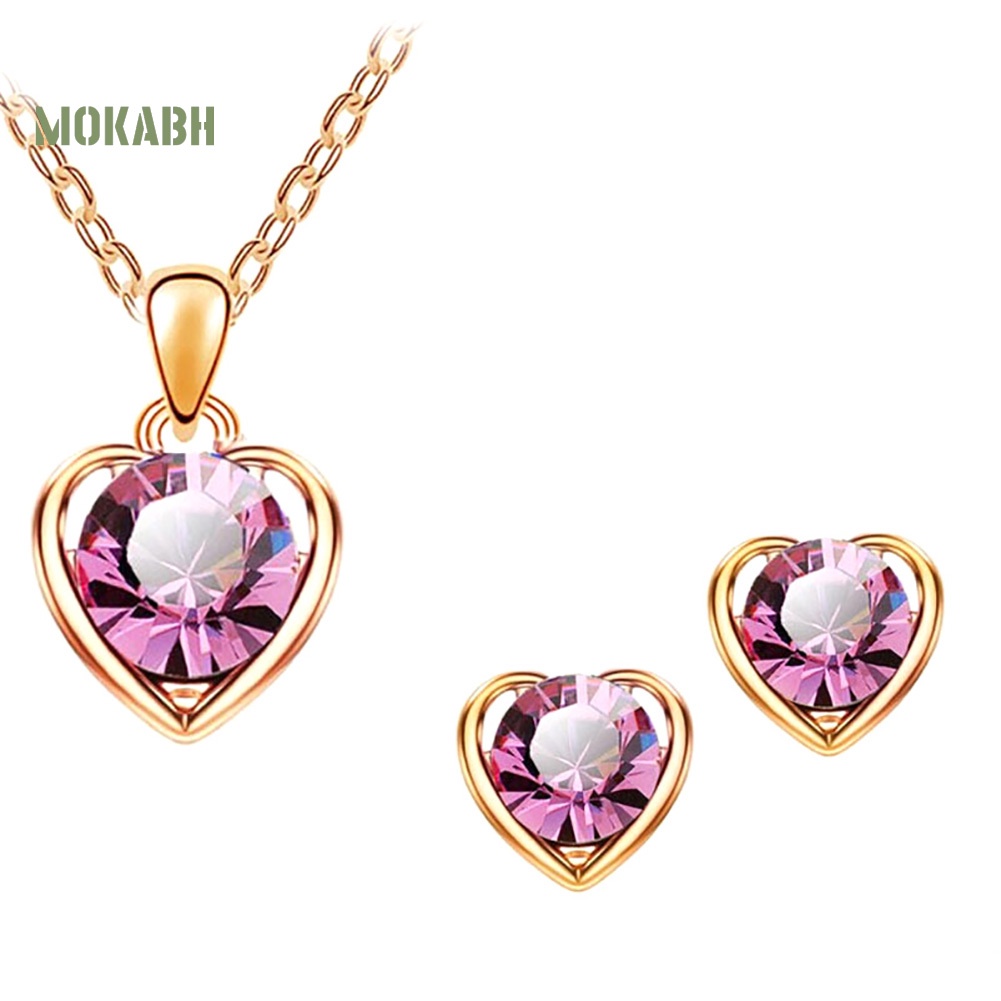 [Mok Abh] Set Vòng cổ Và Bông Tai Hình Trái Tim Có Đính Đá