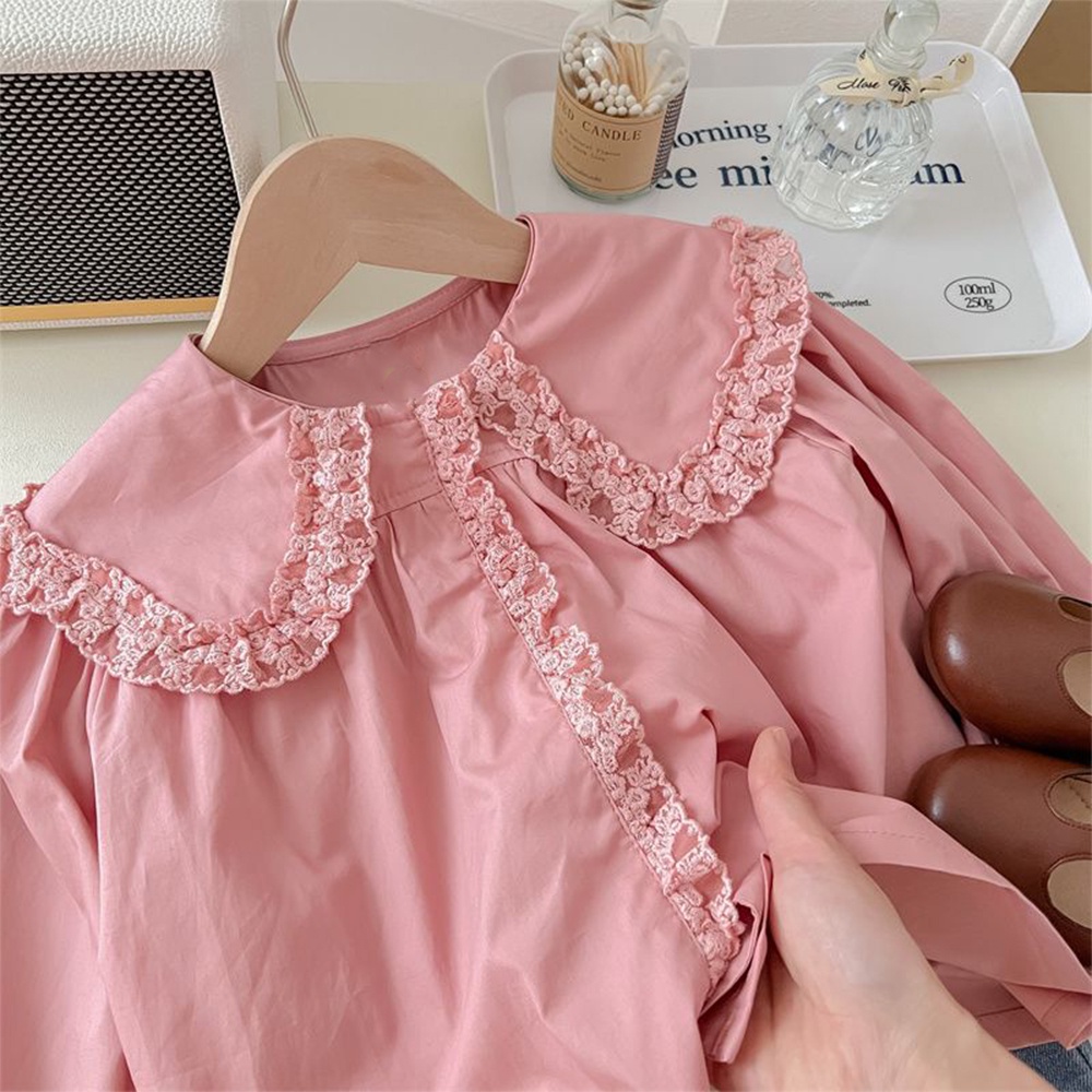 BEAR LEADER Set Đồ Mùa Hè 2 Món Gồm Áo Sơ Mi Tay Dài Cổ Búp Bê Màu Hồng + Quần Jeans Viền Hoa Màu Trơn Cho Bé Gái 2-6 Tuổi