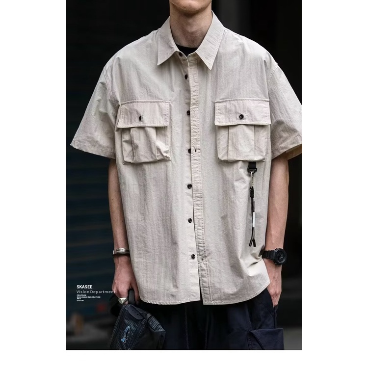 Áo Sơ Mi Ngắn Tay Dáng Rộng Phối Túi Plus Size M-5XL Phong Cách Retro Cho Nam