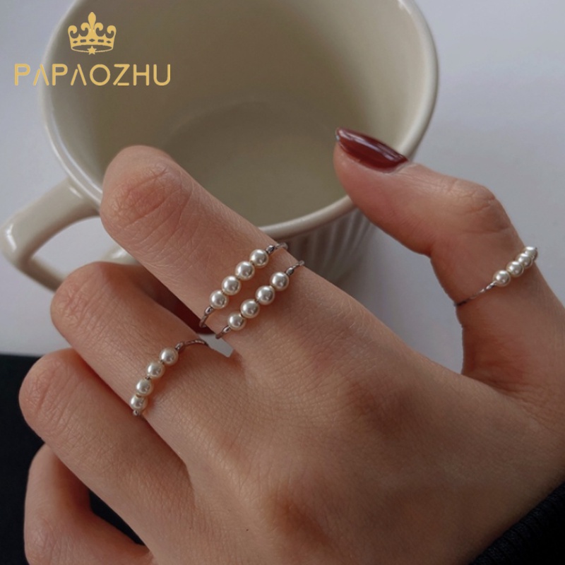 Nhẫn Bạc Mỏng Đính Hạt Ngọc Trai Nhân Tạo Phong Cách Hàn Quốc Cho Nữ
