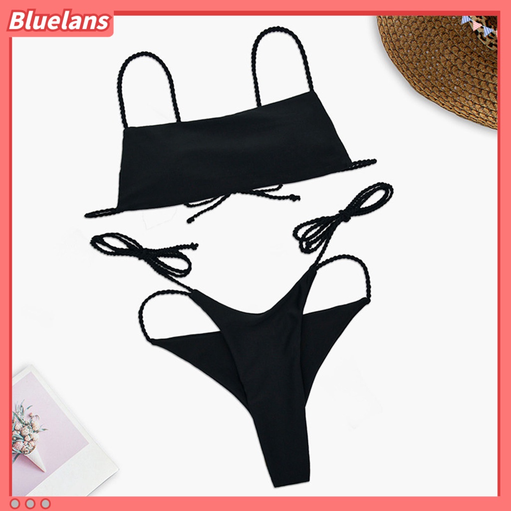 Bộ Đồ Bơi Bikini Hai Mảnh Màu Trơn Cột Dây Thời Trang Mùa Hè Cho Nữ