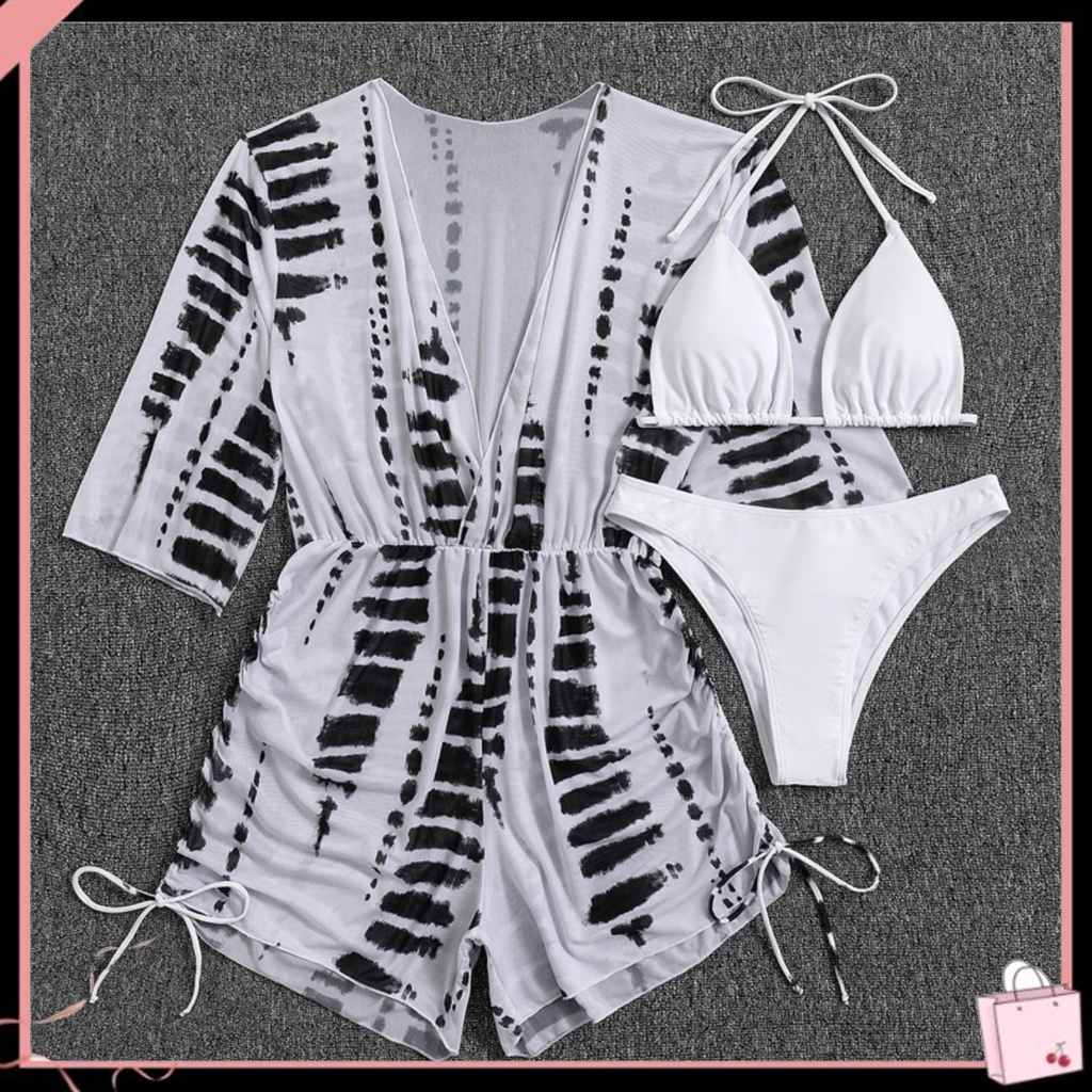 Bộ Đồ Bơi 3 Mảnh Gồm Áo Liền Quần + Quần Short + Áo Khoác Ngoài Có Đệm Ngực Và Dây Rút In Họa Tiết Thời Trang Đi Bơi