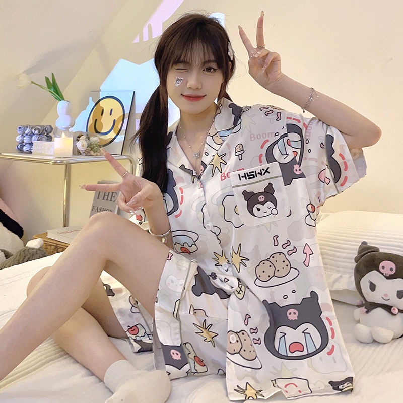 Bộ Đồ Ngủ Ngắn Tay In Hoạt Hình Kuromi Phong Cách Nhật Bản Thời Trang Mùa Hè Cho Nữ