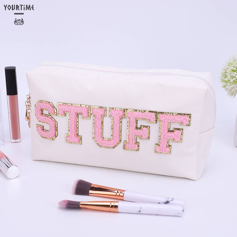 Túi Đựng Mỹ Phẩm Da PU Đa Năng Có Khóa Kéo In Chữ Thời Trang Cho Nữ