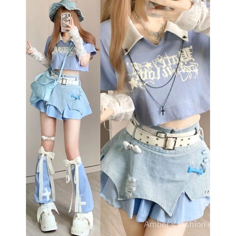 Set Áo Thun Ngắn Tay + Chân Váy Denim Lưng Cao Phối Màu Dễ Thương Thời Trang Mùa Hè Cho Bé Gái
