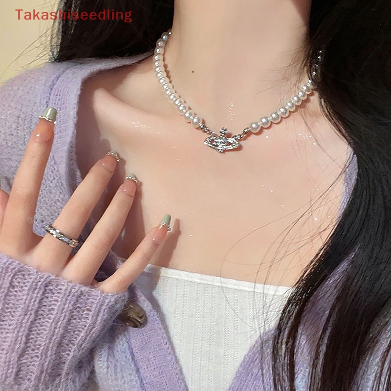 (Takashiseedling) Vòng cổ Ngọc Trai Mặt Hình Hành Tinh Đính Đá Zircon Y2K Vintage Cho Cặp Đôi