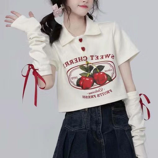 Áo polo Tay Ngắn In Họa Tiết Cherry Thời Trang Mùa Hè Cho Nữ