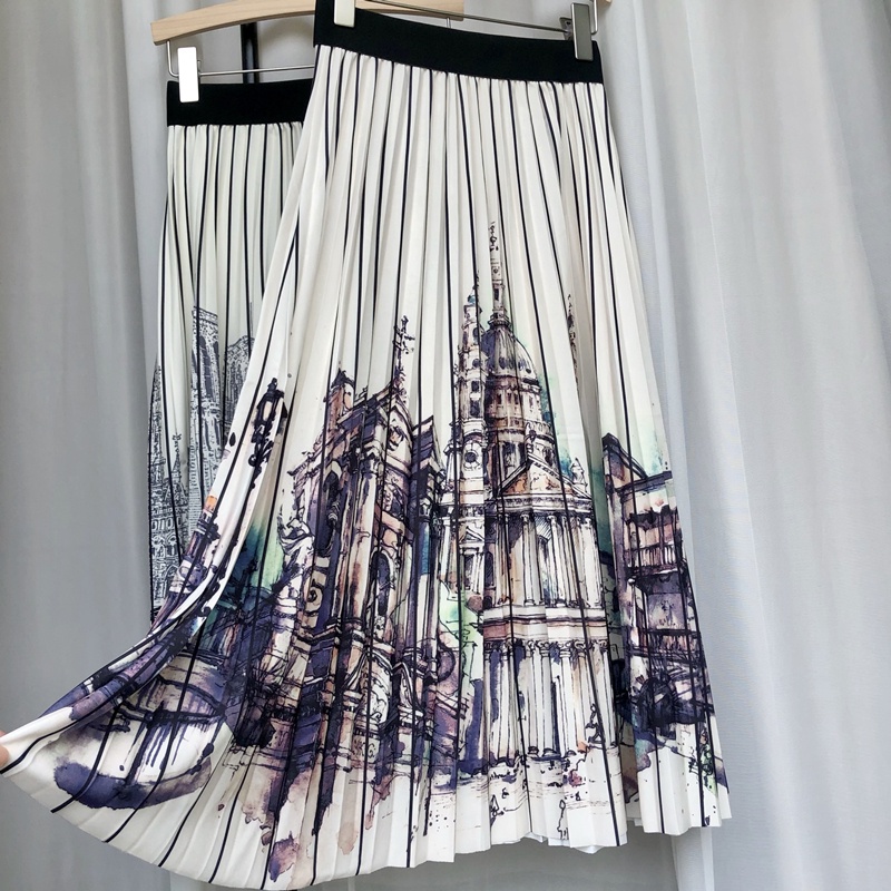 Chân Váy Chữ a Xếp Ly Kẻ Sọc In Hình Lâu Đài Thời Trang