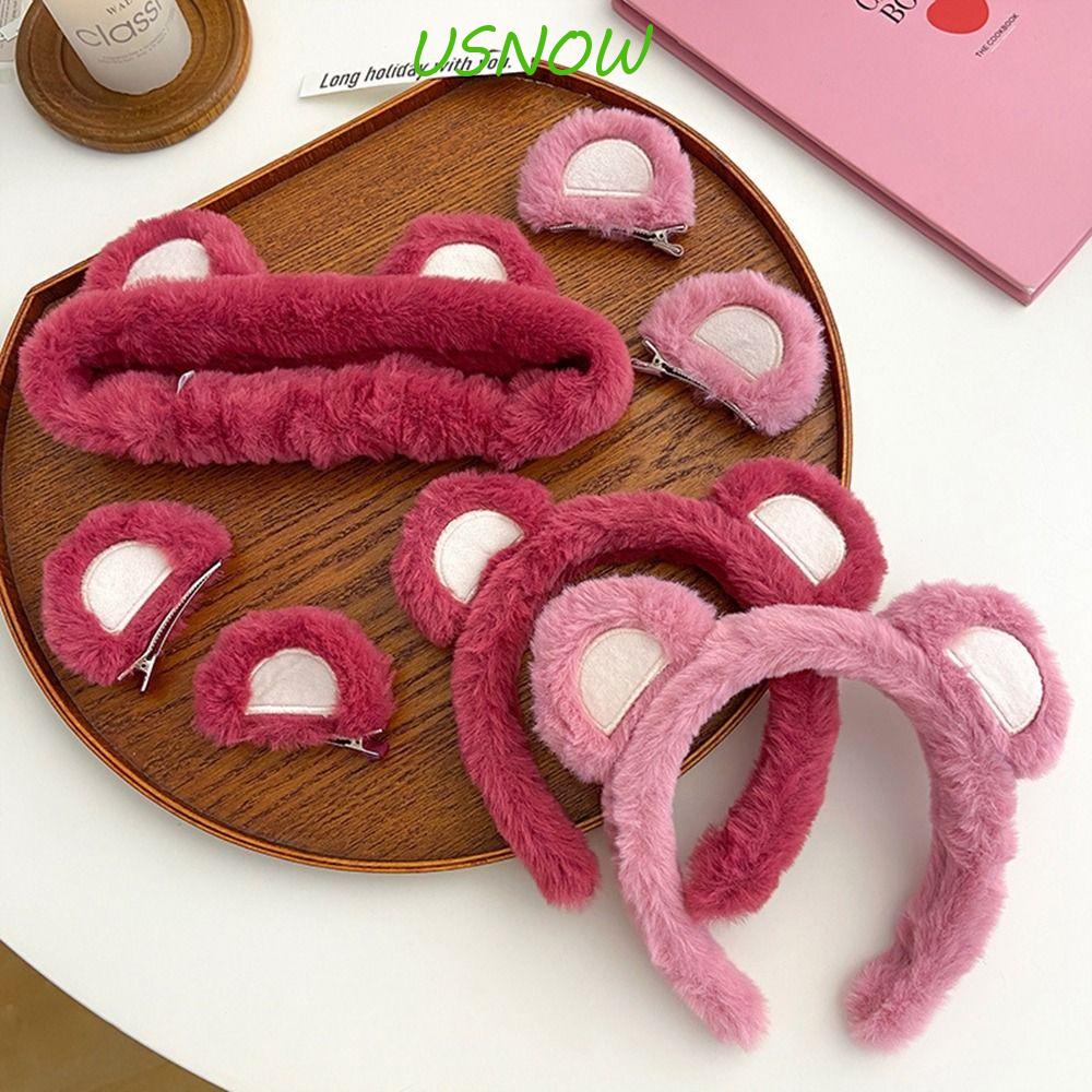 USNOW Băng đô cài tóc rửa mặt Hình Gấu / Dâu Tây Bằng Lông Nhung Dễ Thương Xinh Xắn