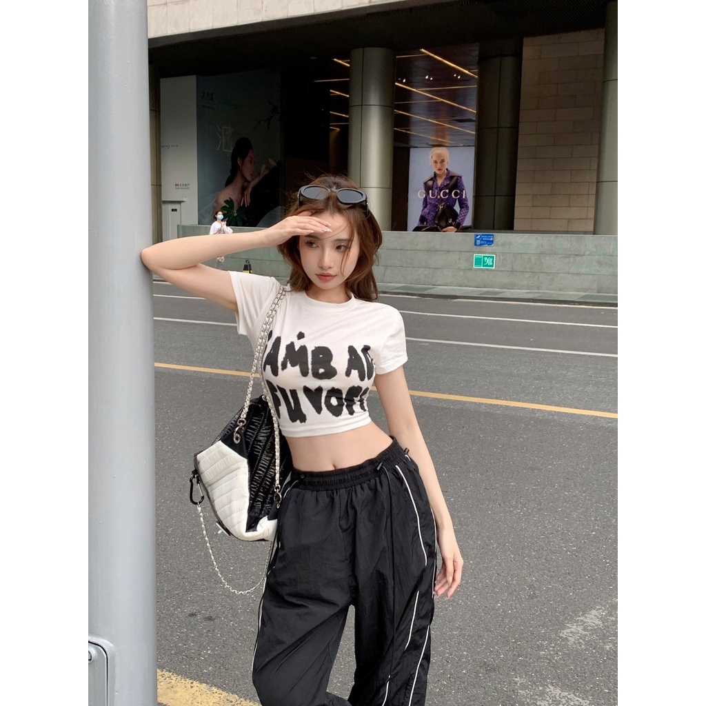 Áo Baby Tee Thun Croptop Nữ  Ngắn Tay Trễ Vai In Chữ Phong Cách Âu Mỹ