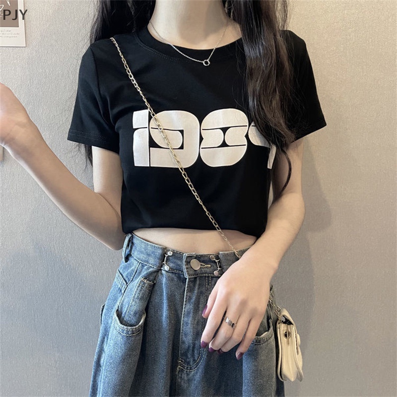 Áo Thun Crop Top Tay Ngắn Cổ Tròn In Chữ Số Thời Trang Mùa Hè Cho Nữ PJ