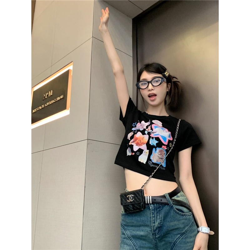 Áo Baby Tee Thun Croptop Nữ Tay Ngắn Hở Vai Dáng Ôm In Hình Mèo Thời Trang Mùa Hè Hàng Mới Dành Cho Bạn Nữ