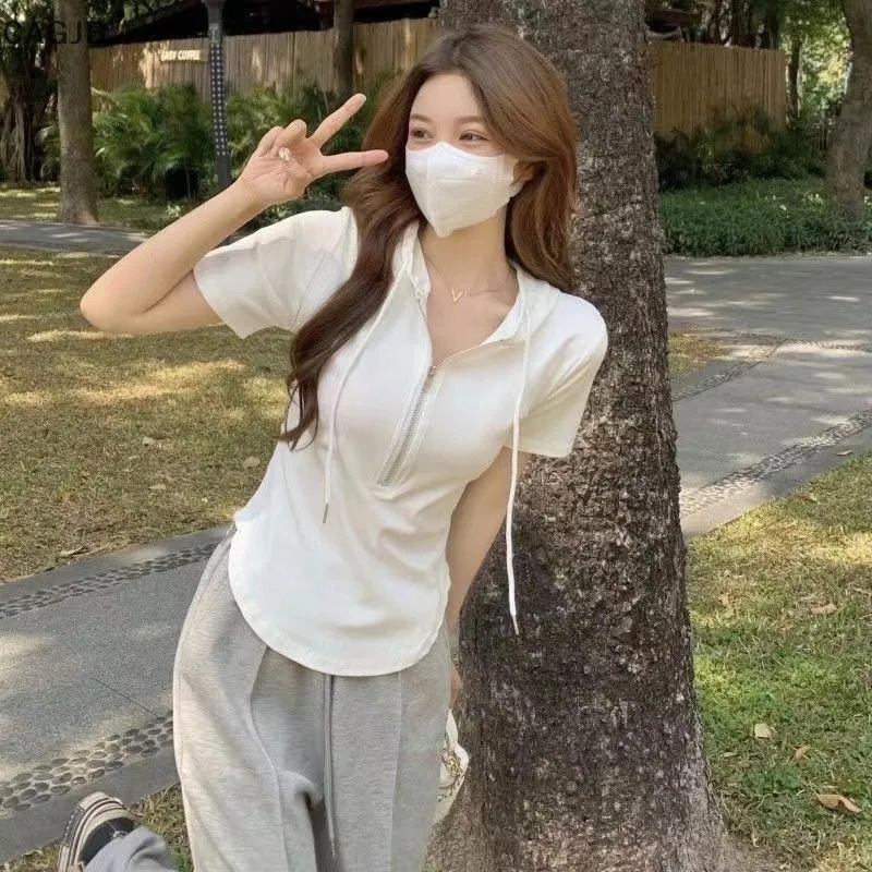 CAGJB Áo Thun Tay Ngắn Có Mũ Trùm Đầu Màu Sắc Đơn Giản Dành Cho Nữ