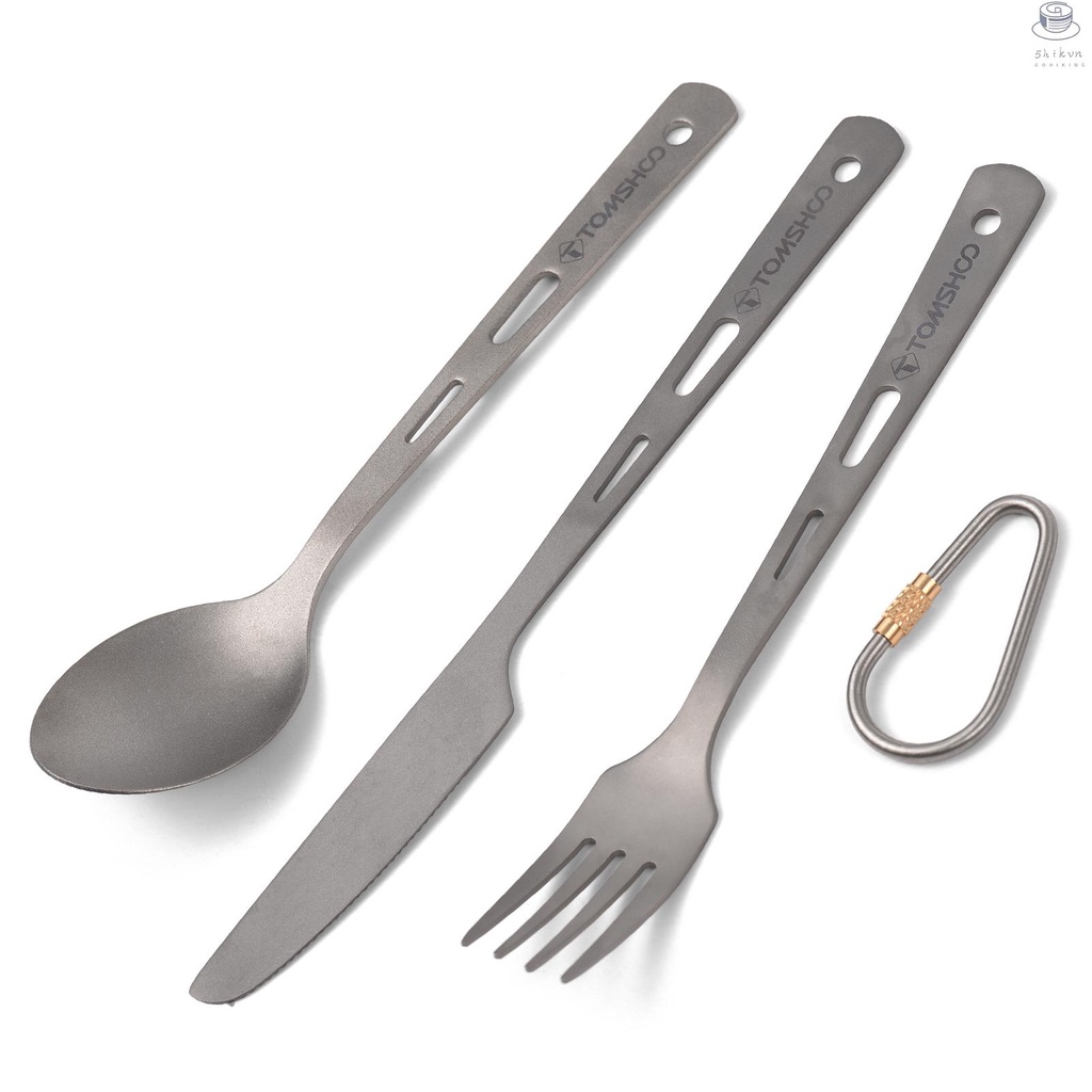 Bộ 3 Món Muỗng Nĩa Dao Nĩa Bằng Titan Kèm Móc Khóa Dây Rút Tiện Dụng