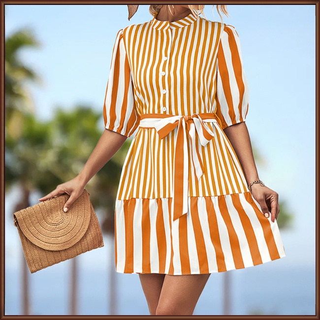 Đầm Midi Dáng Chữ A Tay Lửng Họa Tiết Kẻ Sọc Màu Nhuộm Phối Thắt Lưng Cài Nút Phía Trước Cho Nữ