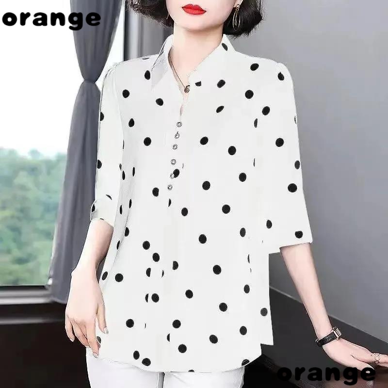 Áo Sơ Mi Tay Ngắn Họa Tiết Chấm Bi Phong Cách Thời Trang Mùa Hè Mới 2021 Cho Nữ Trung Niên