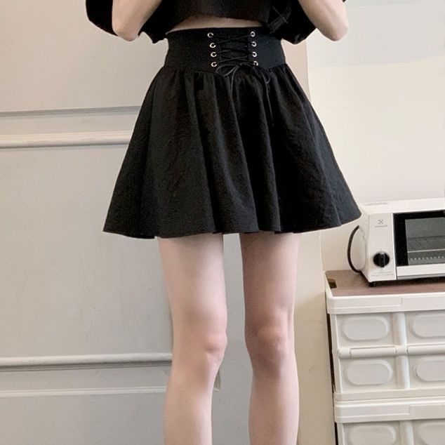 Set Áo Thun Ngắn Tay + Chân Váy Dây Rút Màu Đen Thời Trang Nữ